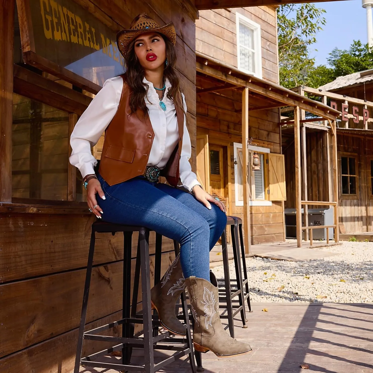IUV Cowboy Boots For Women Western Boots Cowgirl Boots Pull On Pointy Toe Mid Calf Boots