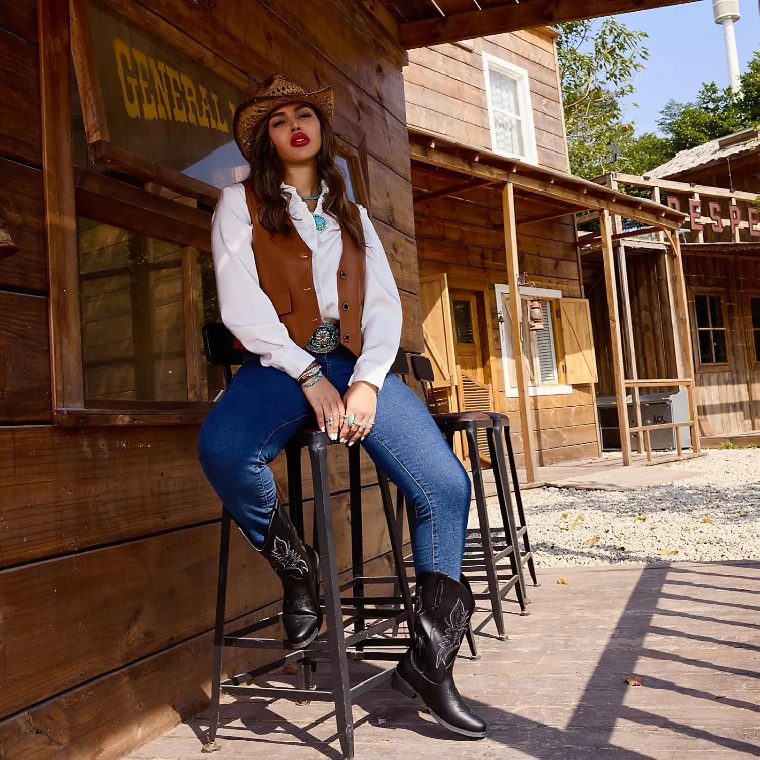 IUV Cowboy Boots For Women Western Boots Cowgirl Boots Pull On Pointy Toe Mid Calf Boots