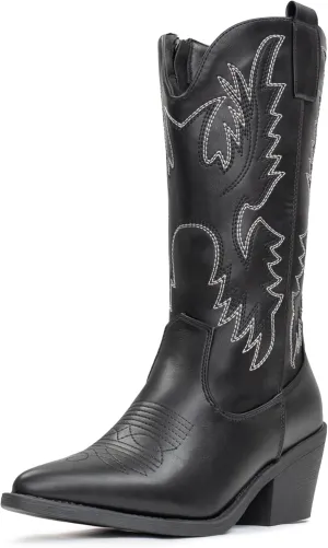 IUV Cowboy Boots For Women Western Cowgirl Boots Pull On Pointy Toe Mid Calf