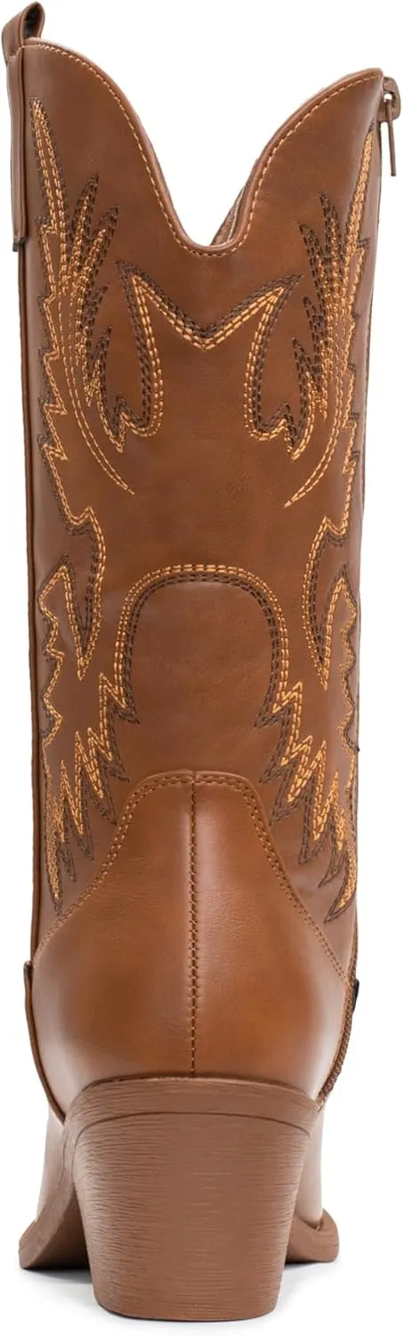 IUV Cowboy Boots For Women Western Cowgirl Boots Pull On Pointy Toe Mid Calf