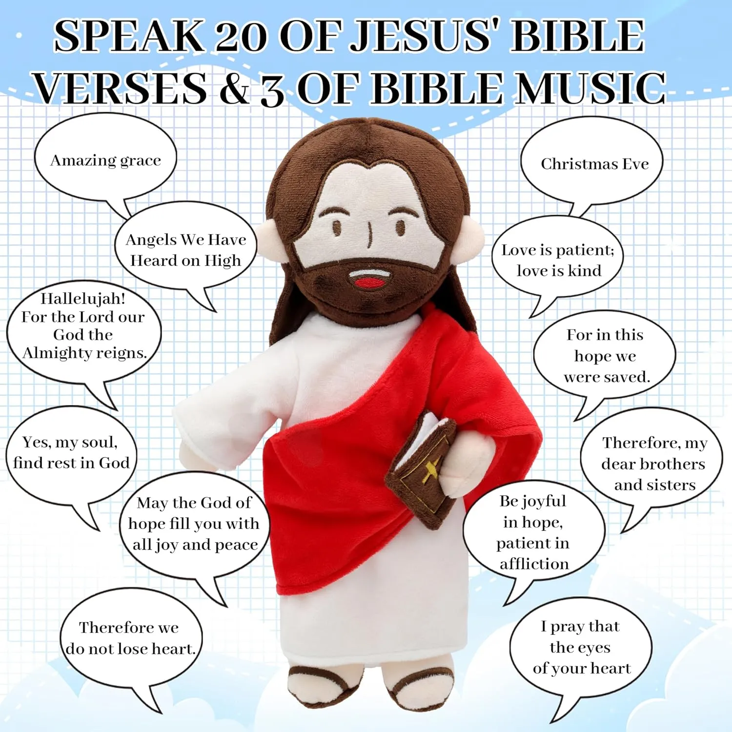 Jesus Plush Speaks 20 of Jesus' Bible Verses and 3 of Bible Music Jesus Doll Stuffed Animal to Teach Suitable for Church Sunday School Religious Easter (RED)