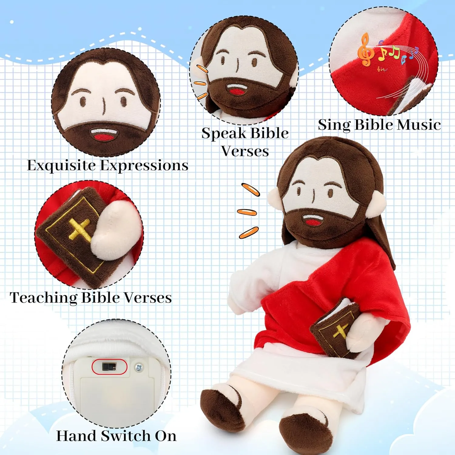 Jesus Plush Speaks 20 of Jesus' Bible Verses and 3 of Bible Music Jesus Doll Stuffed Animal to Teach Suitable for Church Sunday School Religious Easter (RED)