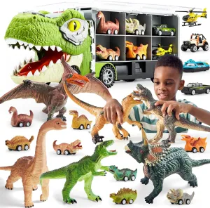 JOYIN 13 in 1 Dinosaur Toys with Big Dinosaur Toys, Dinosaur Truck with 12 Pull Back Cars, 6 Piece Large Soft Dinosaur Figures with an Educational Book