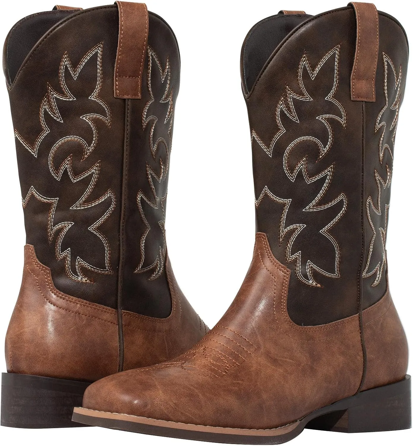 J's.o.l.e Western Mens Cowboy Boots Square Toe Wide Calf Pull On Slip Resistant Country Work Riding PU Leather Boot Brown