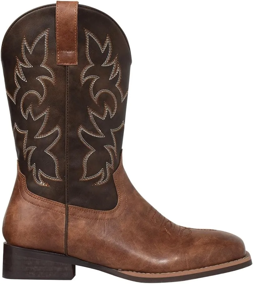 J's.o.l.e Western Mens Cowboy Boots Square Toe Wide Calf Pull On Slip Resistant Country Work Riding PU Leather Boot Brown
