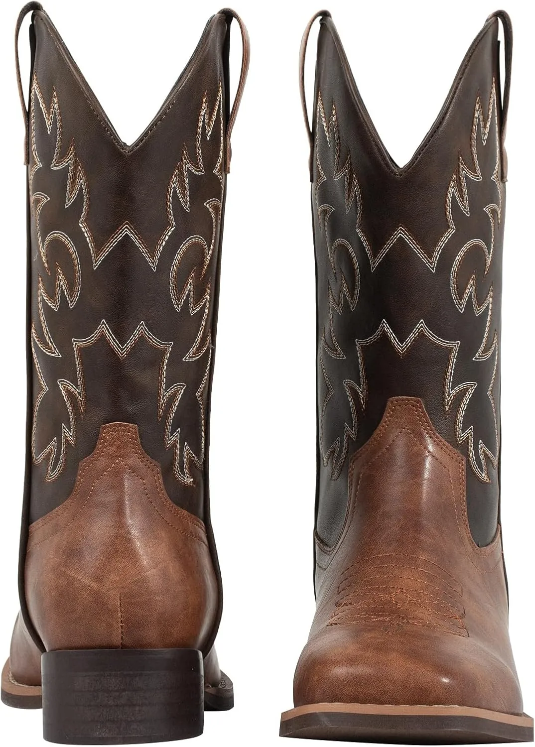 J's.o.l.e Western Mens Cowboy Boots Square Toe Wide Calf Pull On Slip Resistant Country Work Riding PU Leather Boot Brown