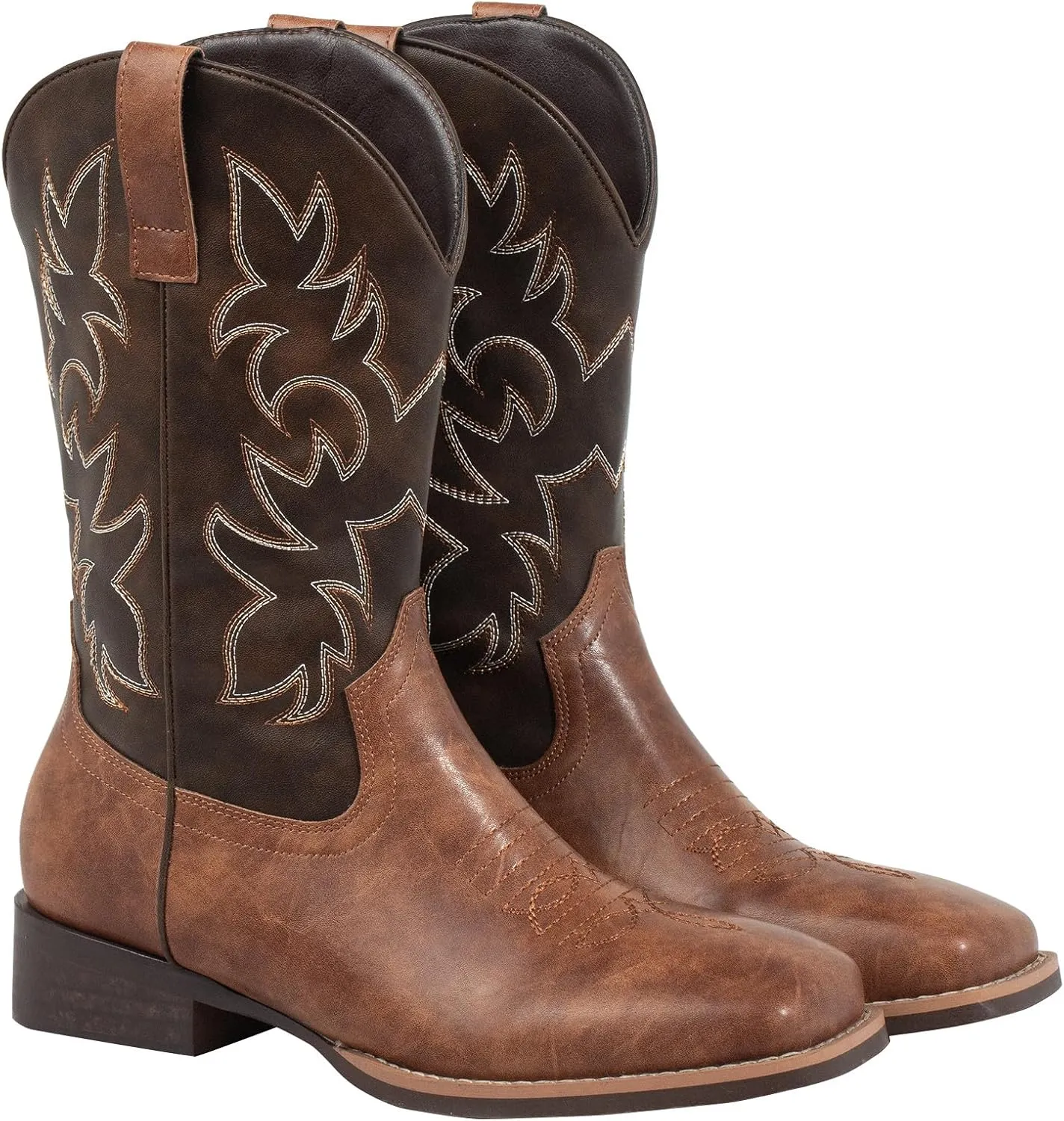 J's.o.l.e Western Mens Cowboy Boots Square Toe Wide Calf Pull On Slip Resistant Country Work Riding PU Leather Boot Brown