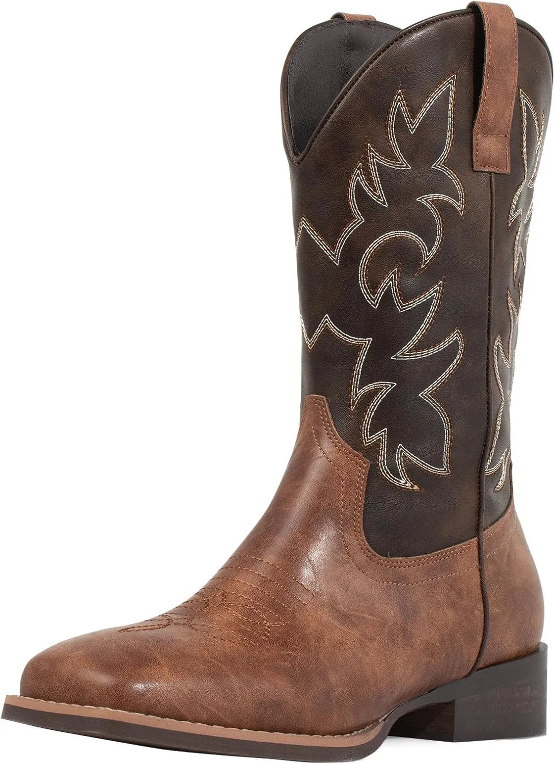 J's.o.l.e Western Mens Cowboy Boots Square Toe Wide Calf Pull On Slip Resistant Country Work Riding PU Leather Boot Brown