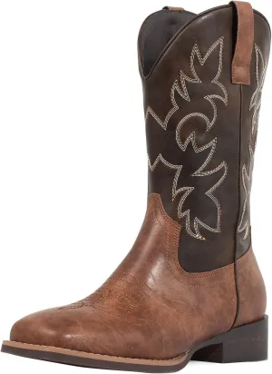 J's.o.l.e Western Mens Cowboy Boots Square Toe Wide Calf Pull On Slip Resistant Country Work Riding PU Leather Boot Brown
