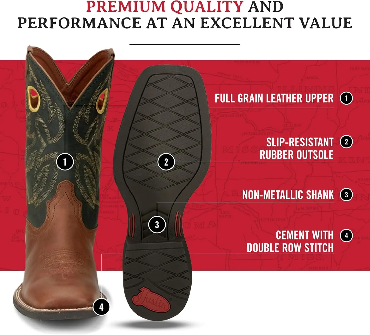 Justin Bowline 11" Cowboy Boots for Men - Square Toe Full-Grain Leather Western Boots for Men with Oil- and Slip-Resistant Rubber Outsole