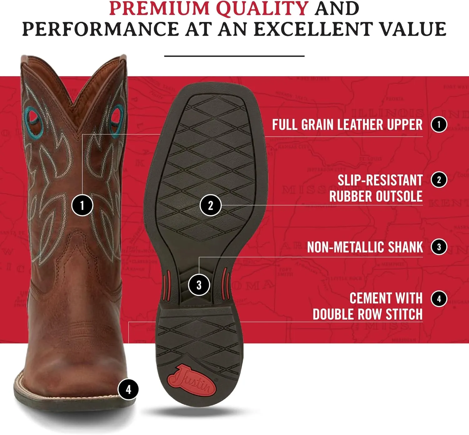 Justin Bowline 11" Cowboy Boots for Men - Square Toe Full-Grain Leather Western Boots for Men with Oil- and Slip-Resistant Rubber Outsole