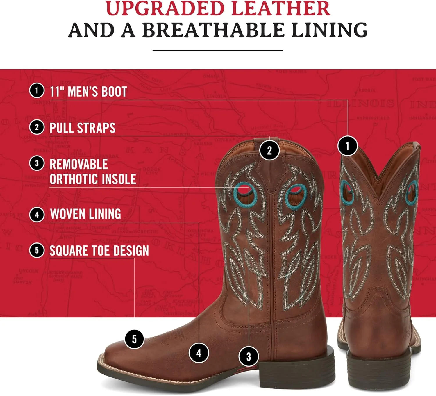 Justin Bowline 11" Cowboy Boots for Men - Square Toe Full-Grain Leather Western Boots for Men with Oil- and Slip-Resistant Rubber Outsole