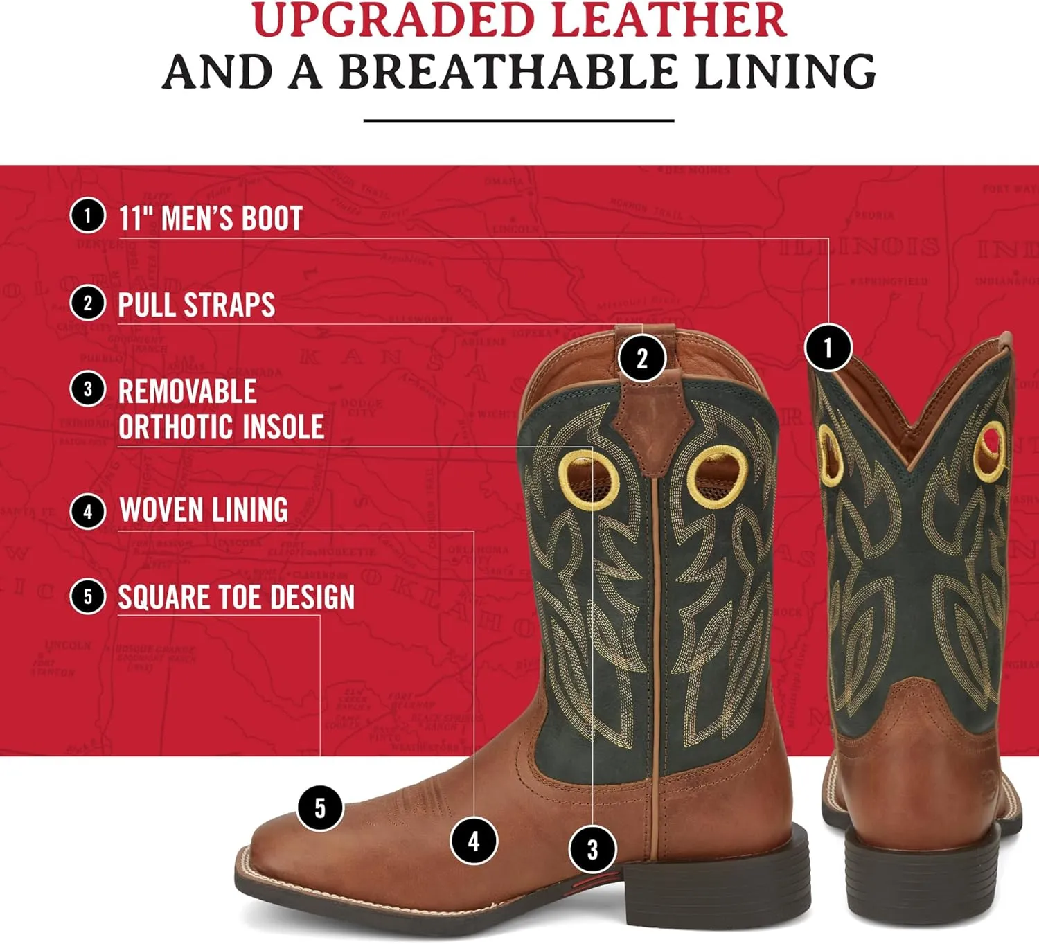 Justin Bowline 11" Cowboy Boots for Men - Square Toe Full-Grain Leather Western Boots for Men with Oil- and Slip-Resistant Rubber Outsole