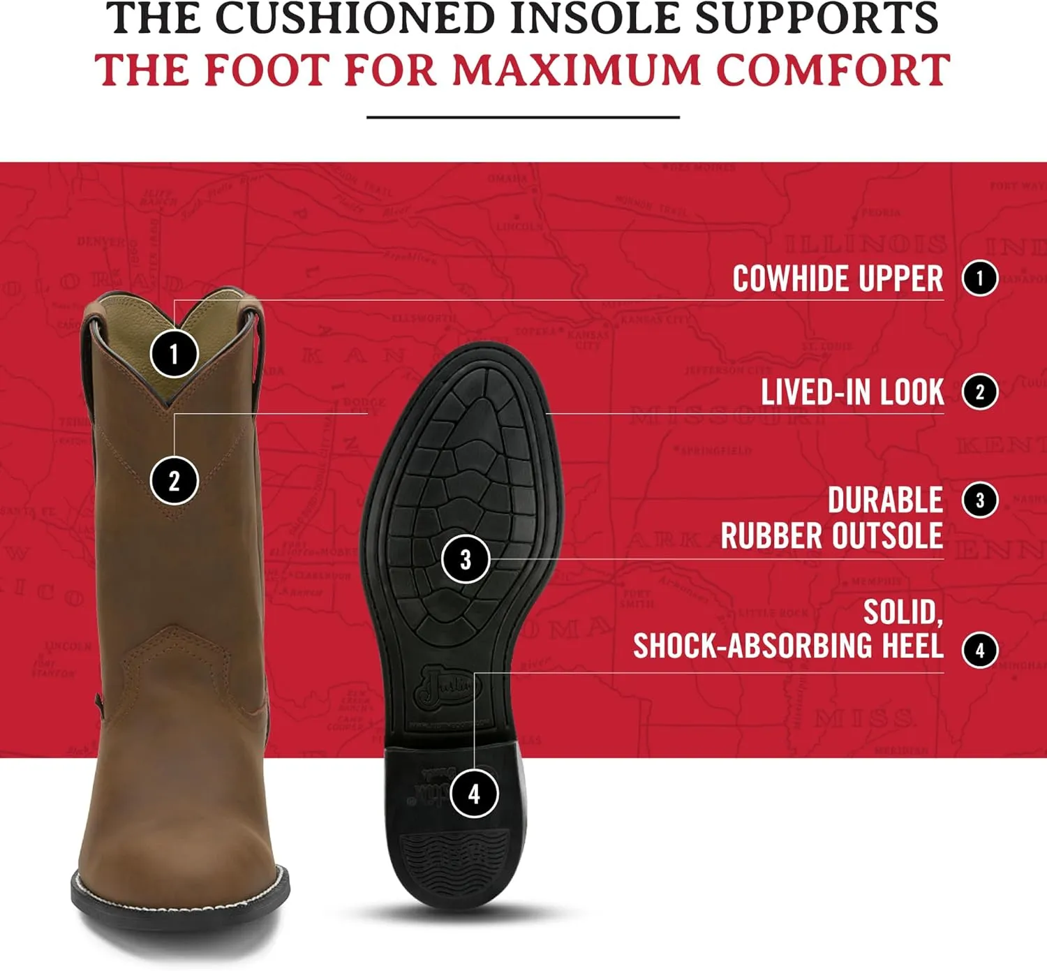 Justin Temple 10" Roper Cowboy Boots for Men - Durable Pull-On Round Toe Cowhide Boots with Covered Cushion Insole and Triple-Density Insole Board