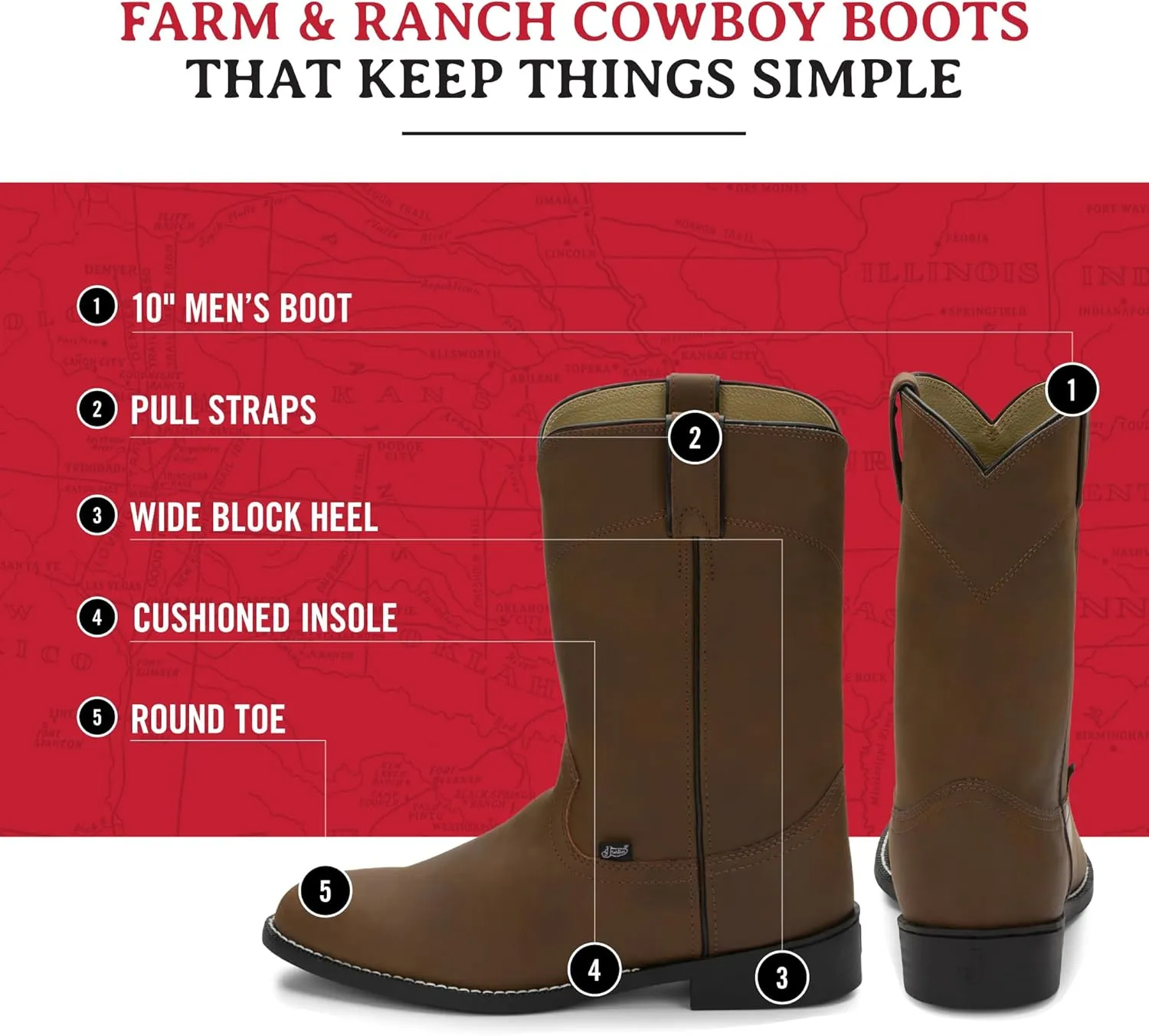 Justin Temple 10" Roper Cowboy Boots for Men - Durable Pull-On Round Toe Cowhide Boots with Covered Cushion Insole and Triple-Density Insole Board