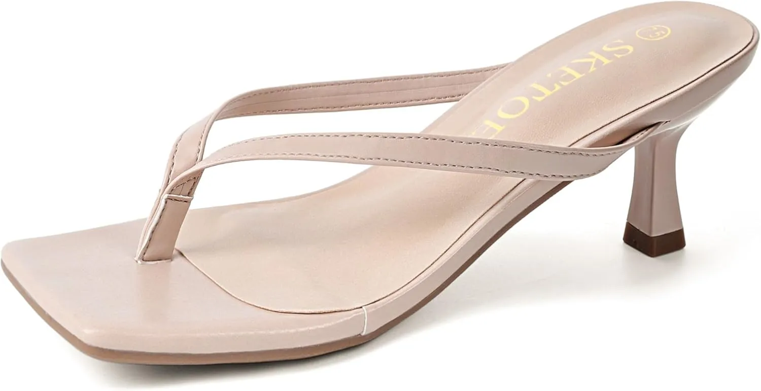 Kitten Heels for Women Square Toe Sandals Flip Flop Heels Thong Sandals Comfortable Summer 2 Inch Heels Sandals