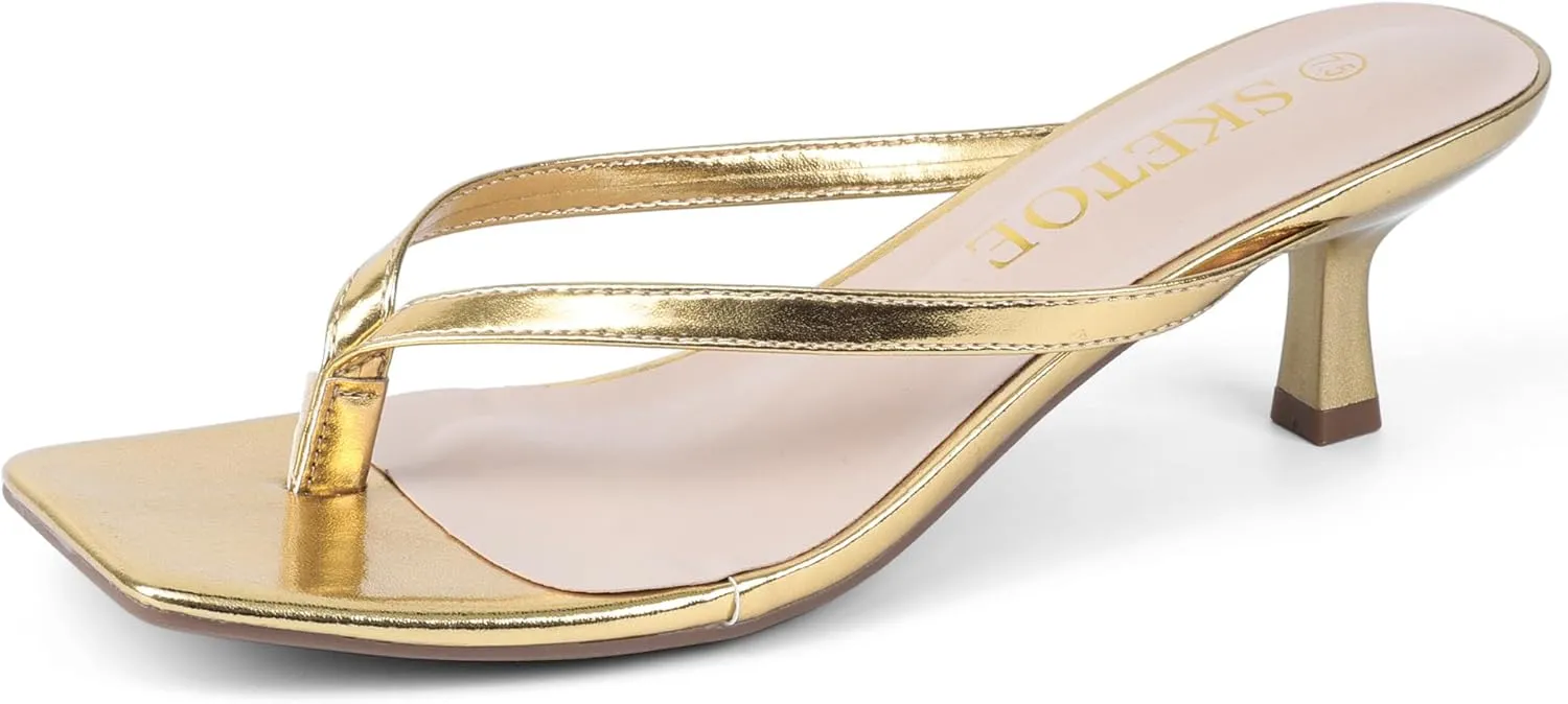 Kitten Heels for Women Square Toe Sandals Flip Flop Heels Thong Sandals Comfortable Summer 2 Inch Heels Sandals