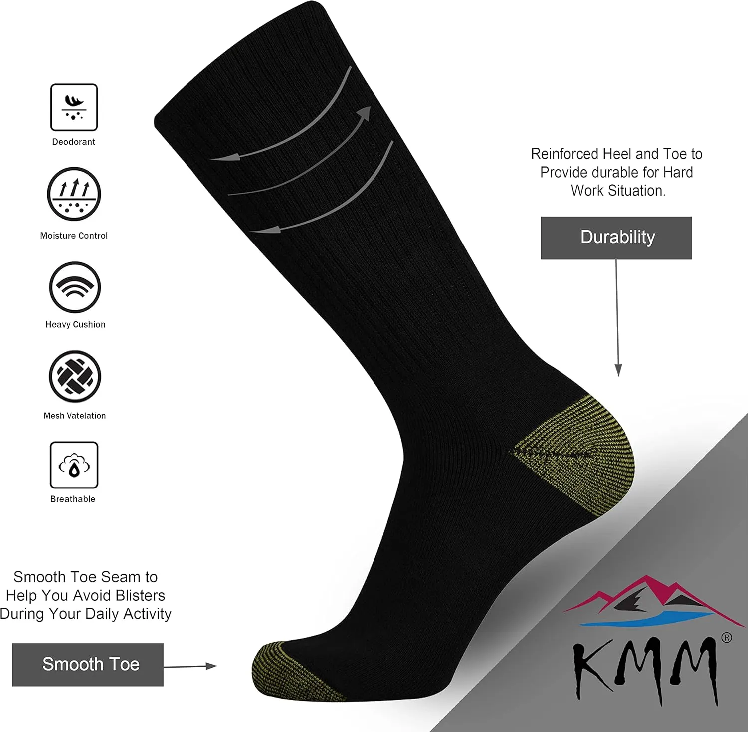 KMM Men's Cotton Full Thick Cushion Crew Socks Moisture Control Heavy Duty Work Boot Warm Thermal Anti Wicking Sweat Blisters