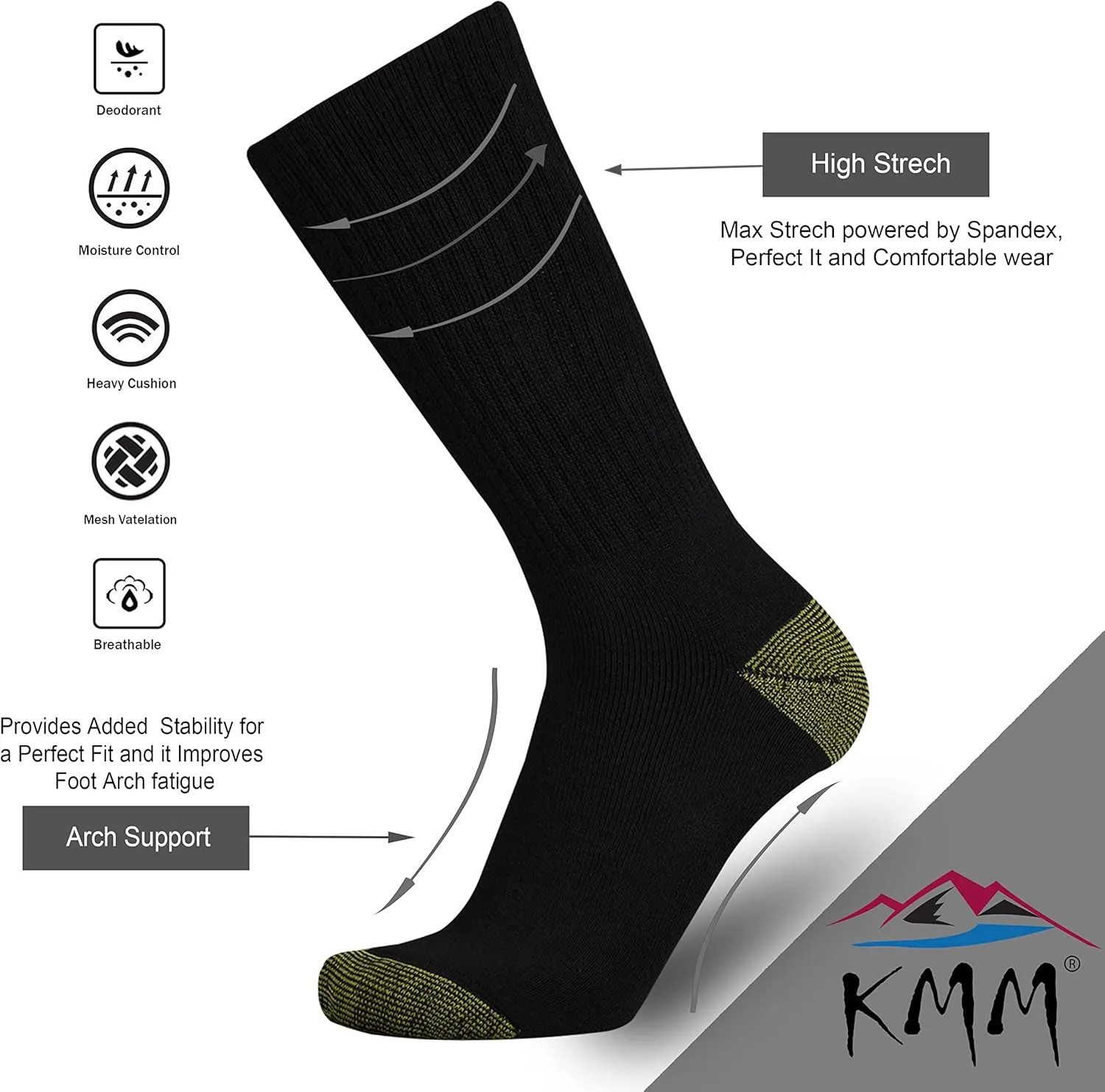 KMM Men's Cotton Full Thick Cushion Crew Socks Moisture Control Heavy Duty Work Boot Warm Thermal Anti Wicking Sweat Blisters