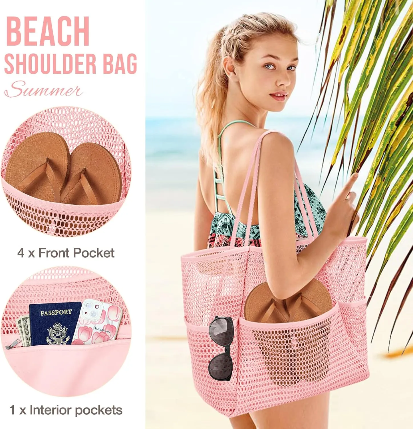KPX Beach Bag with Mini Pocket, Beach Tote Bags for Women Large Foldable Mesh Swimming Pool Travel Bags - Sandproof