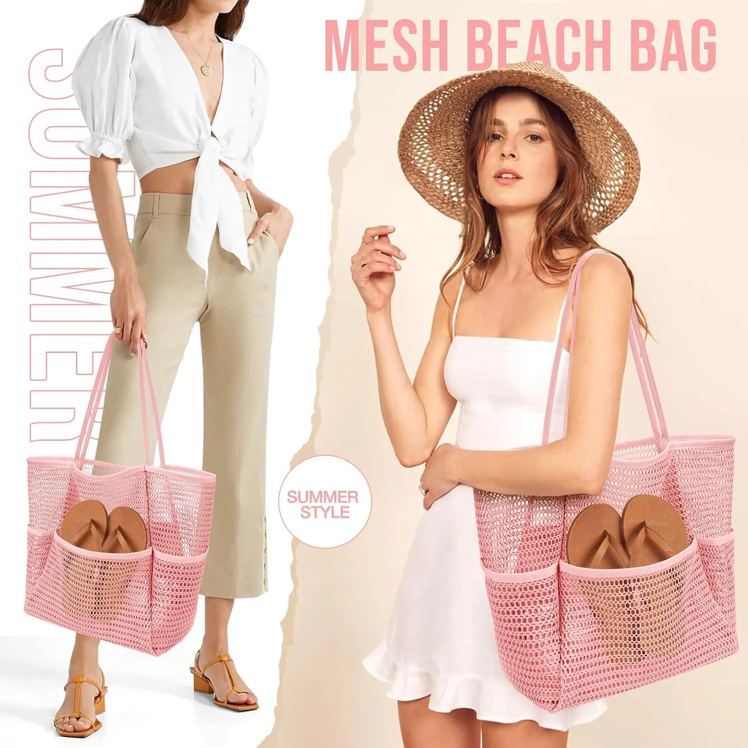 KPX Beach Bag with Mini Pocket, Beach Tote Bags for Women Large Foldable Mesh Swimming Pool Travel Bags - Sandproof