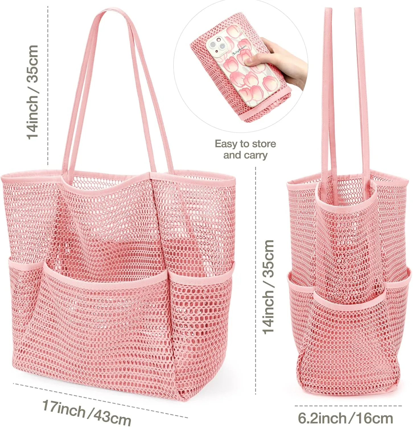KPX Beach Bag with Mini Pocket, Beach Tote Bags for Women Large Foldable Mesh Swimming Pool Travel Bags - Sandproof