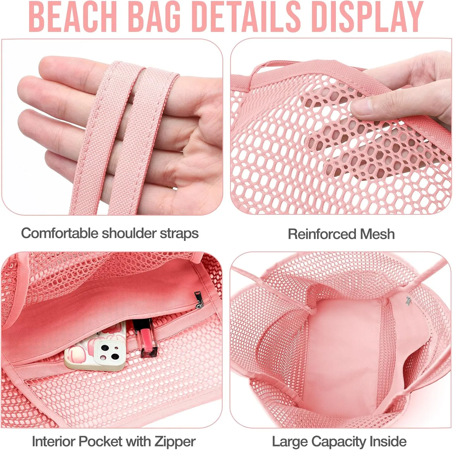 KPX Beach Bag with Mini Pocket, Beach Tote Bags for Women Large Foldable Mesh Swimming Pool Travel Bags - Sandproof