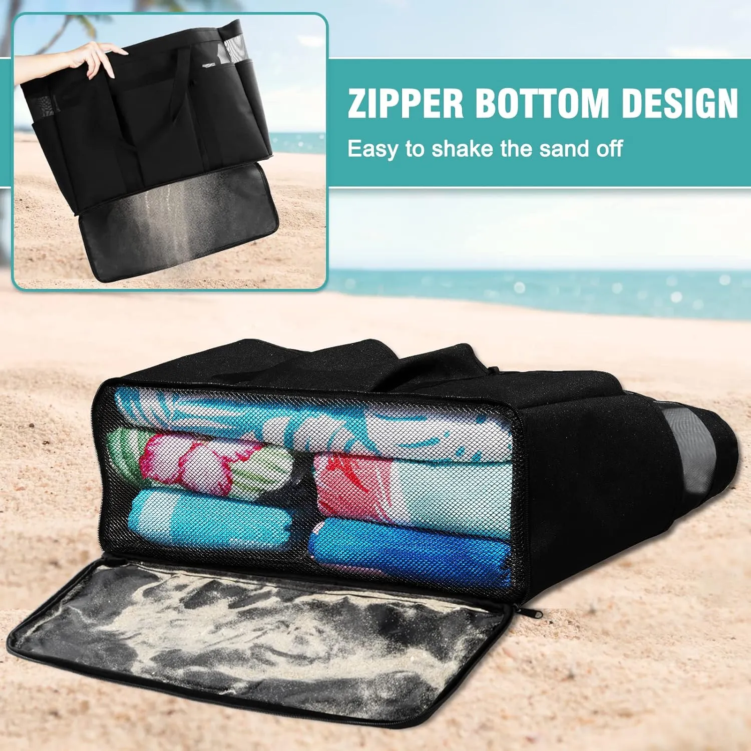 Large Beach Bag with Zipper, 12 Pockets Waterproof Sandproof Pool Bag Womens Mesh Beach Tote Bag for Travel Vacation