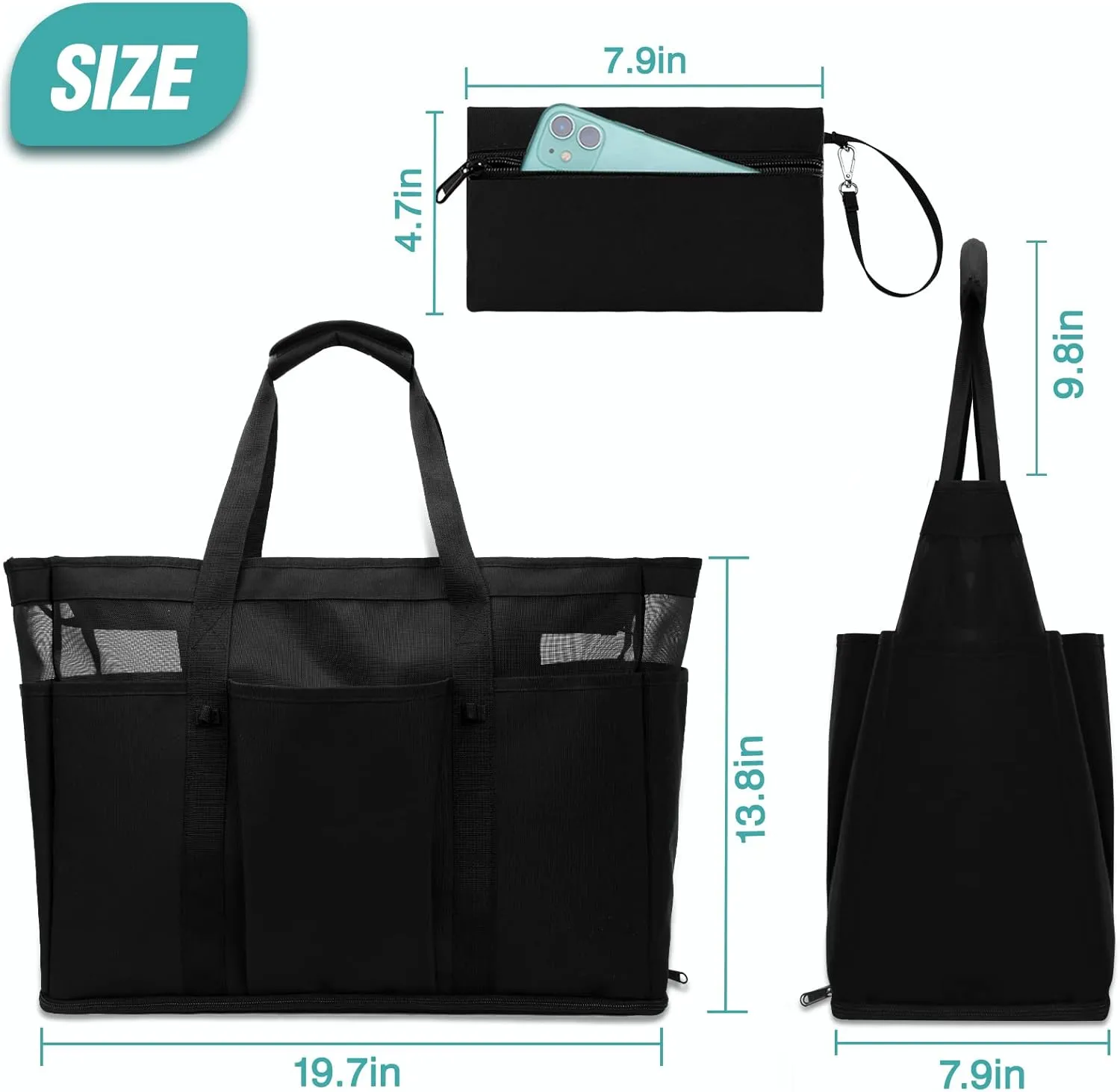 Large Beach Bag with Zipper, 12 Pockets Waterproof Sandproof Pool Bag Womens Mesh Beach Tote Bag for Travel Vacation