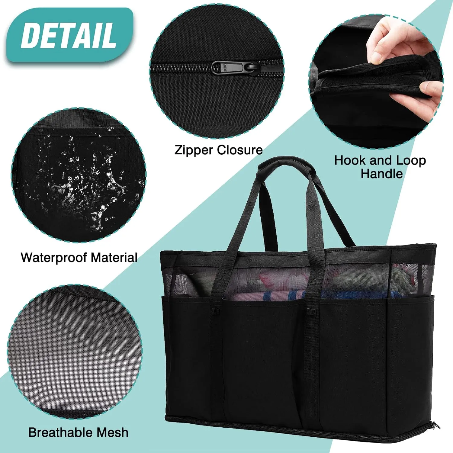 Large Beach Bag with Zipper, 12 Pockets Waterproof Sandproof Pool Bag Womens Mesh Beach Tote Bag for Travel Vacation