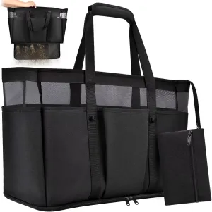 Large Beach Bag with Zipper, 12 Pockets Waterproof Sandproof Pool Bag Womens Mesh Beach Tote Bag for Travel Vacation