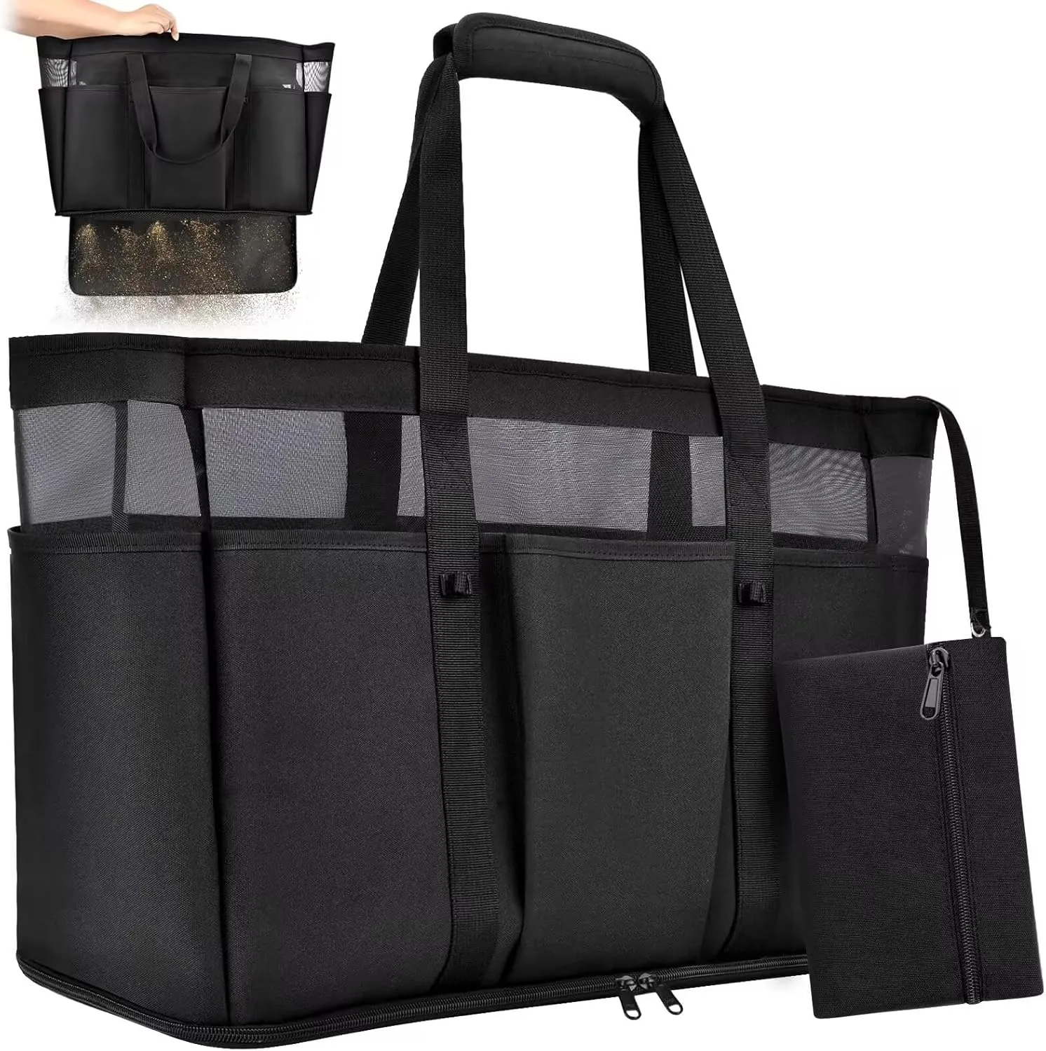 Large Beach Bag with Zipper, 12 Pockets Waterproof Sandproof Pool Bag Womens Mesh Beach Tote Bag for Travel Vacation