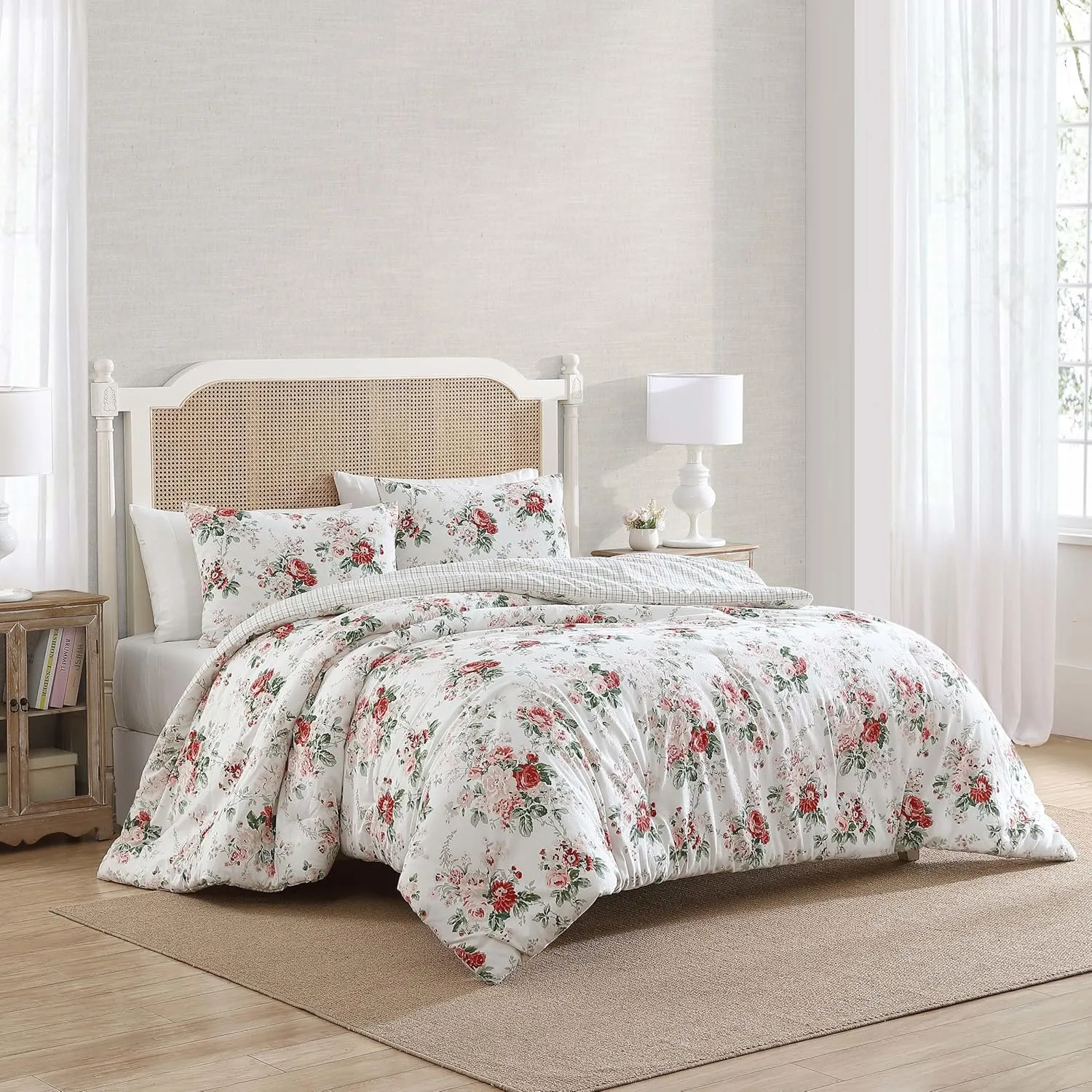 Laura Ashley - King Comforter Set, Reversible Brushed Cotton Flannel Bedding with Matching Shams, Luxuriously Soft & Warm Home Decor (Ashfield Red, King)
