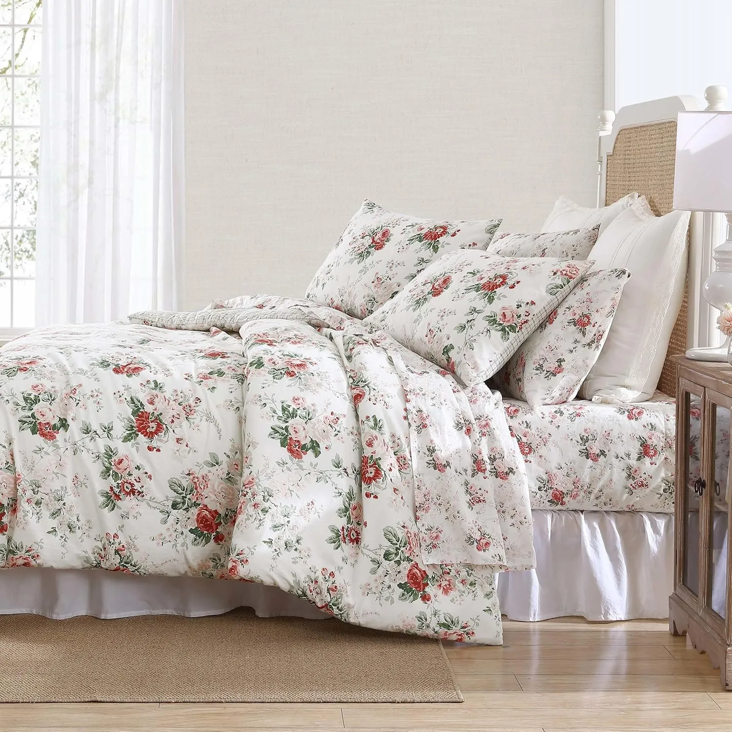 Laura Ashley - King Comforter Set, Reversible Brushed Cotton Flannel Bedding with Matching Shams, Luxuriously Soft & Warm Home Decor (Ashfield Red, King)