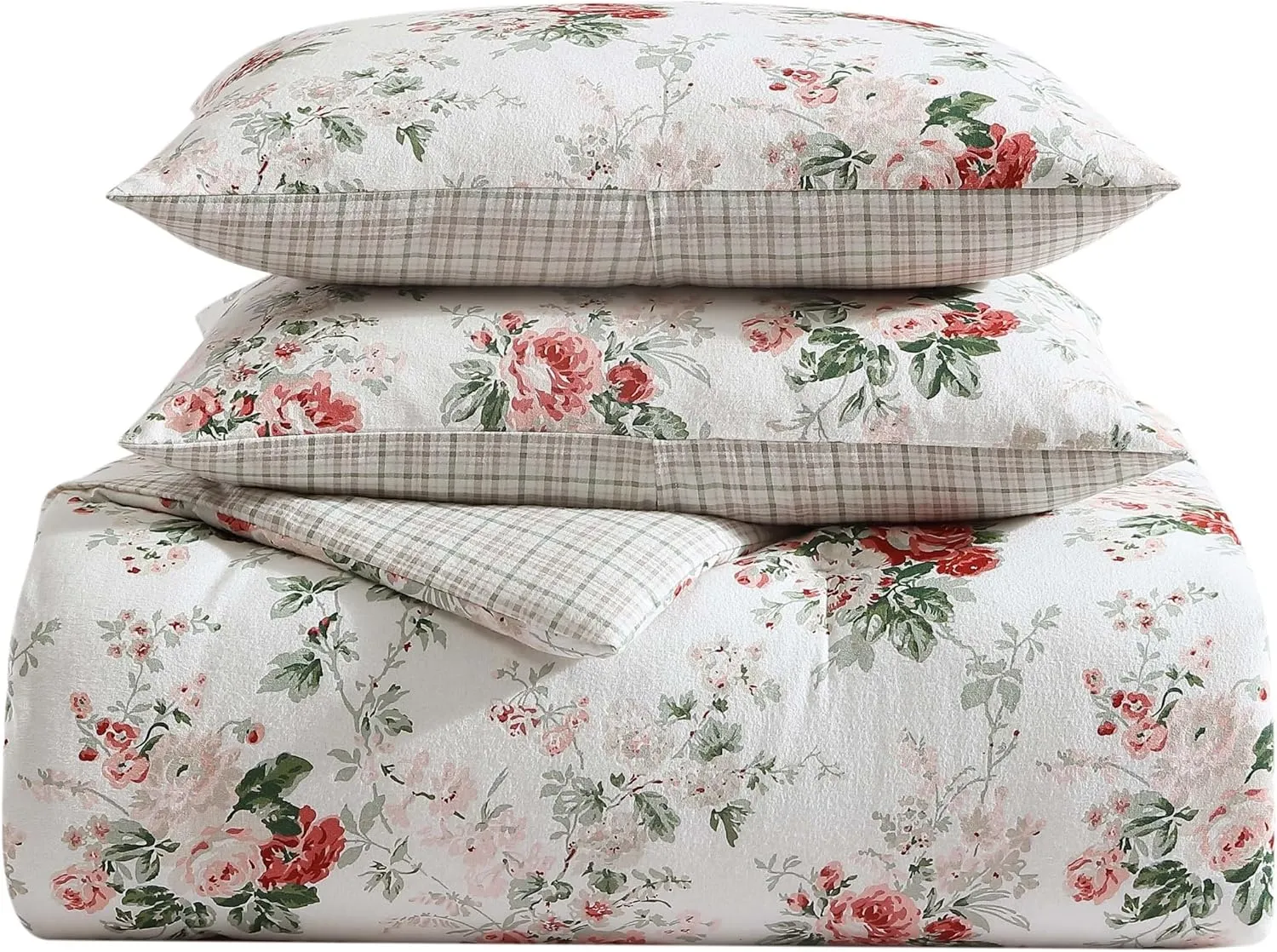 Laura Ashley - King Comforter Set, Reversible Brushed Cotton Flannel Bedding with Matching Shams, Luxuriously Soft & Warm Home Decor (Ashfield Red, King)