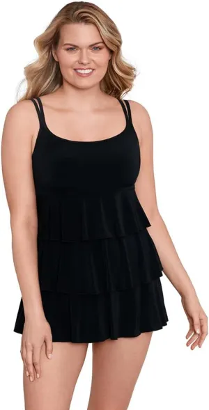 Longitude Women's Plus Swimwear Triple Tier Long Torso One Piece Swimdress