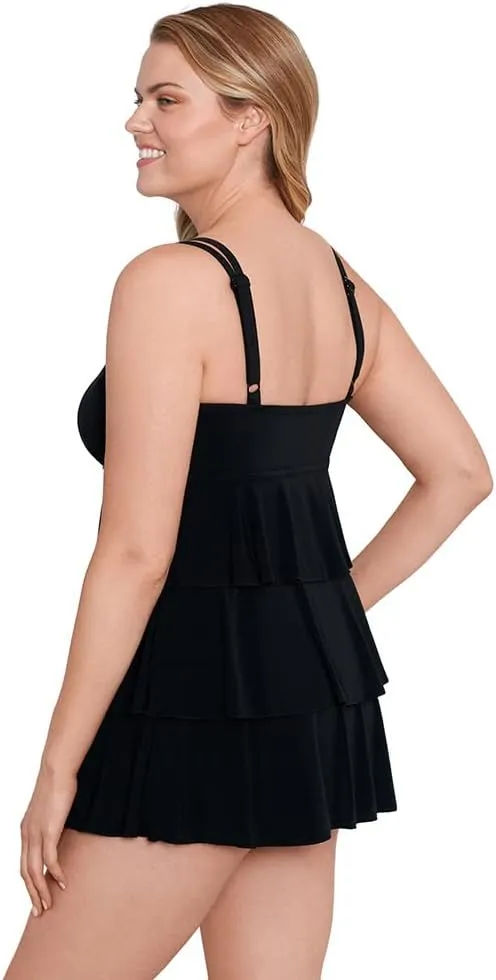 Longitude Women's Plus Swimwear Triple Tier Long Torso One Piece Swimdress