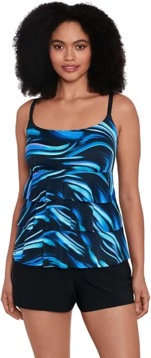 Longitude Women's Swimwear Ruffle Faux Shortini with Pockets One Piece Swimsuit