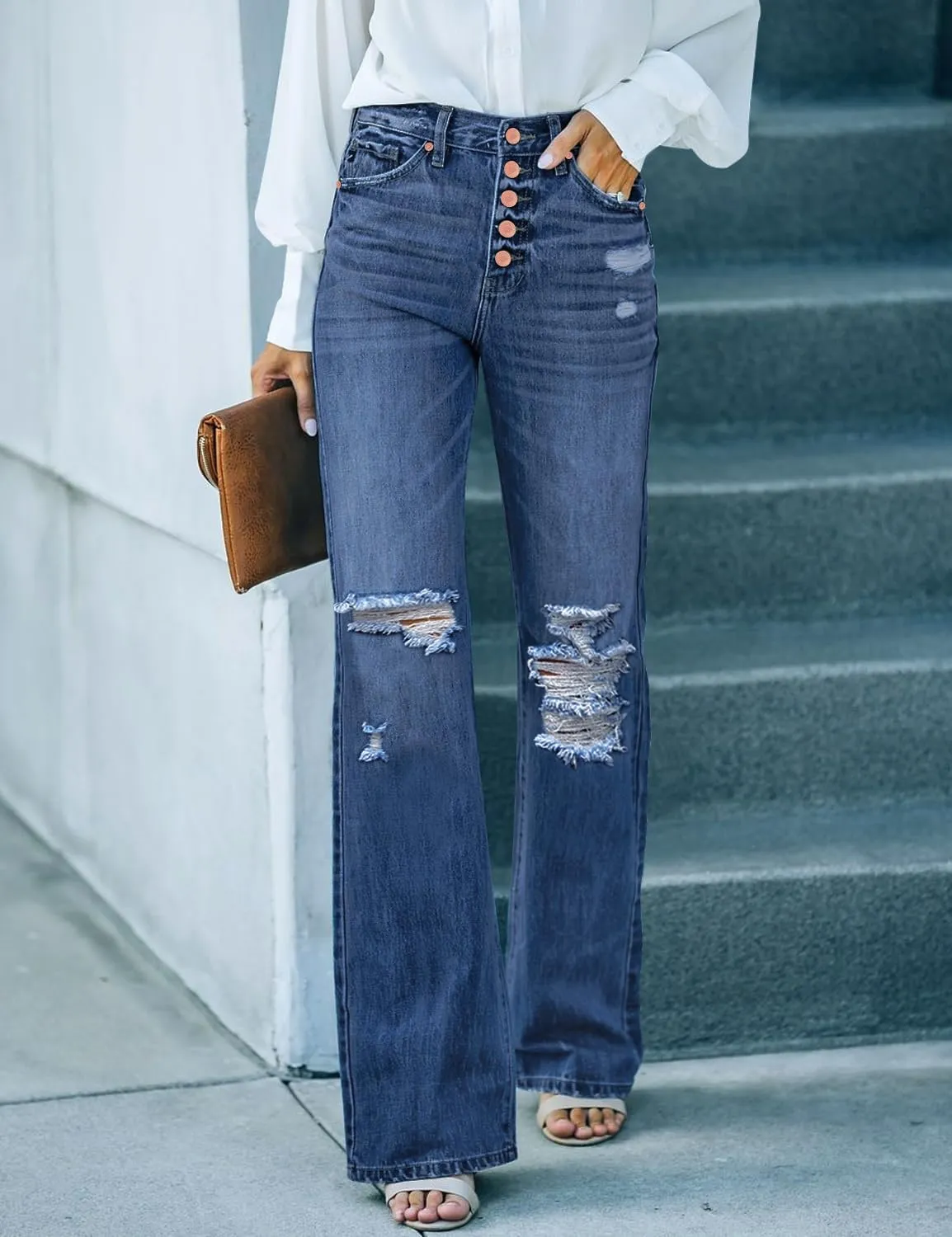 LookbookStore High Waisted Ripped Flare Jeans for Women Distressed Bell Bottom Jeans Wide Leg Pants