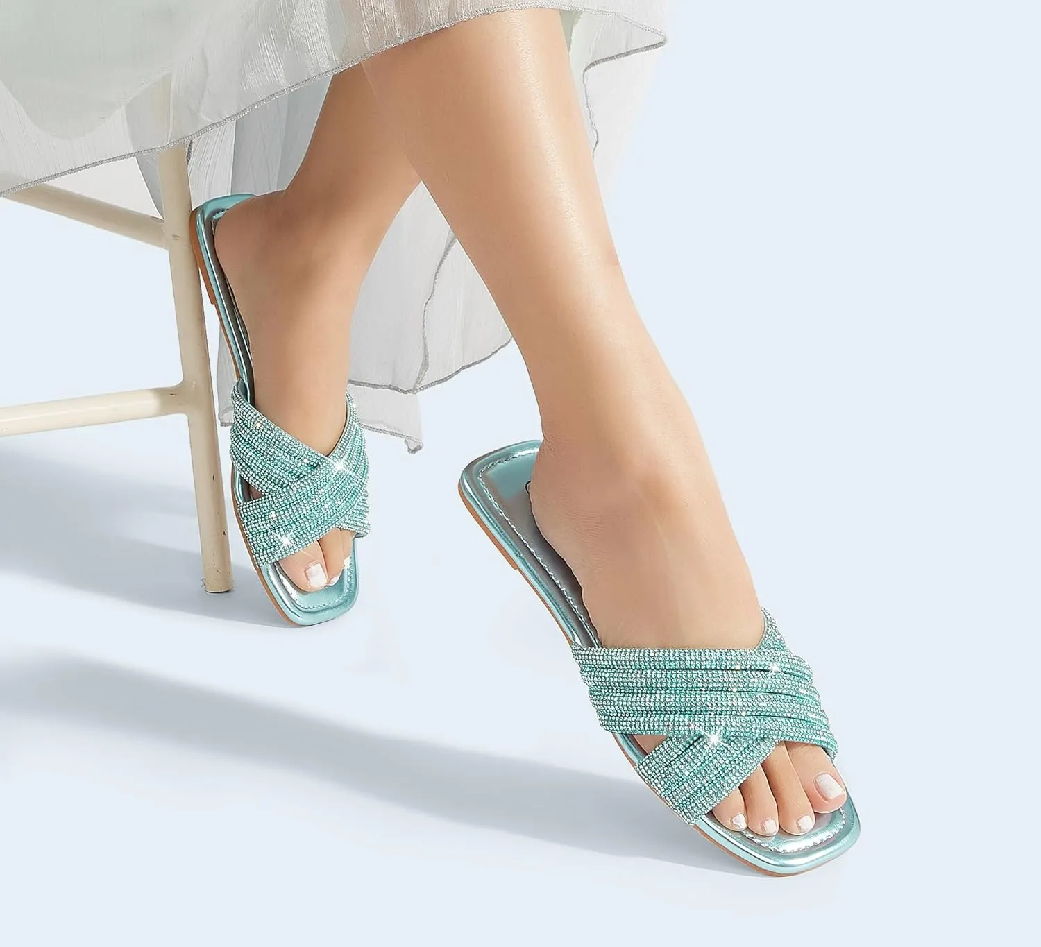 LUCKY STEP Women's Rhinestone Flat Sandals Open Toe Summer Glitter Bling Sparkle Dressy Slip on Outdoor Crossed Strap Slide
