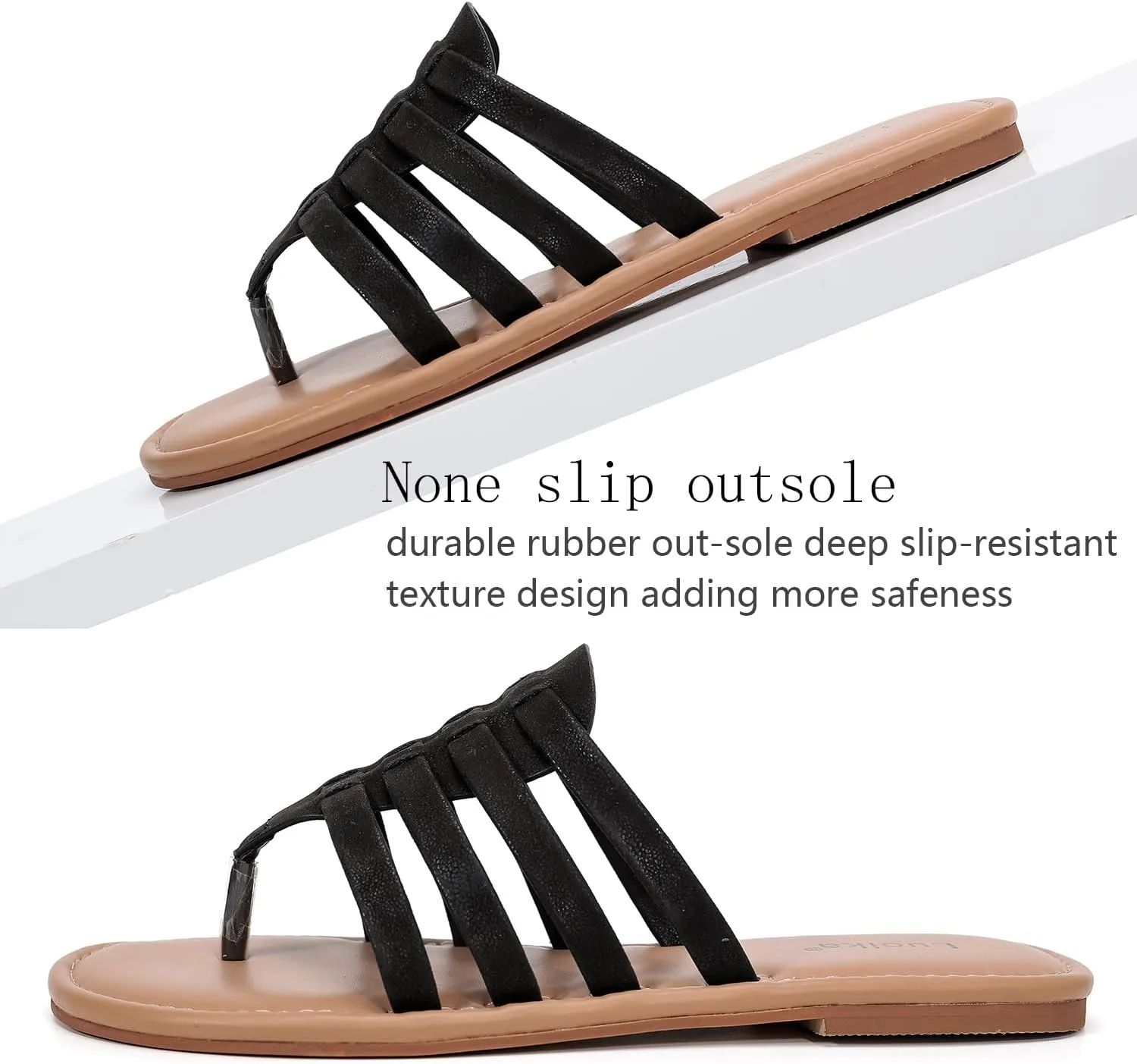Luoika Women's Wide Width Flat Slides Sandals, Flip Flop Strappy Rhinestone Thong Sandals Comfortable Summer Beach Shoes for Women.