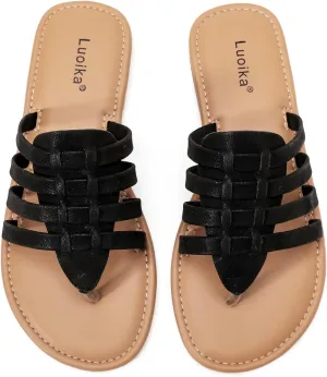 Luoika Women's Wide Width Flat Slides Sandals, Flip Flop Strappy Rhinestone Thong Sandals Comfortable Summer Beach Shoes for Women.