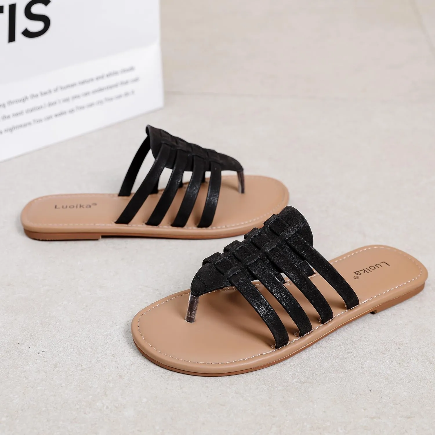 Luoika Women's Wide Width Flat Slides Sandals, Flip Flop Strappy Rhinestone Thong Sandals Comfortable Summer Beach Shoes for Women.