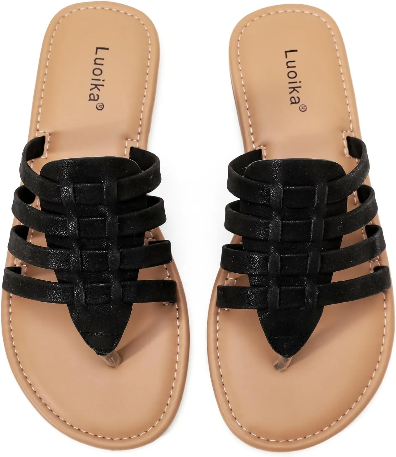 Luoika Women's Wide Width Flat Slides Sandals, Flip Flop Strappy Rhinestone Thong Sandals Comfortable Summer Beach Shoes for Women.
