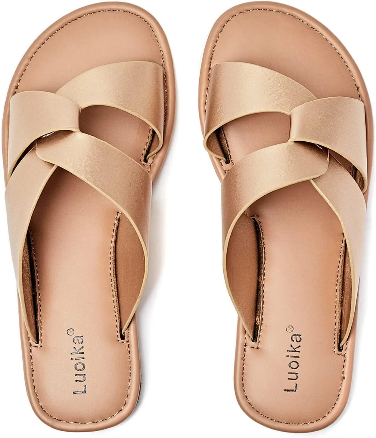 Luoika Women's Wide Width Flat Slides Sandals, Strapy Slide Sandal Slip on Dressy Summer Shoes for Women.