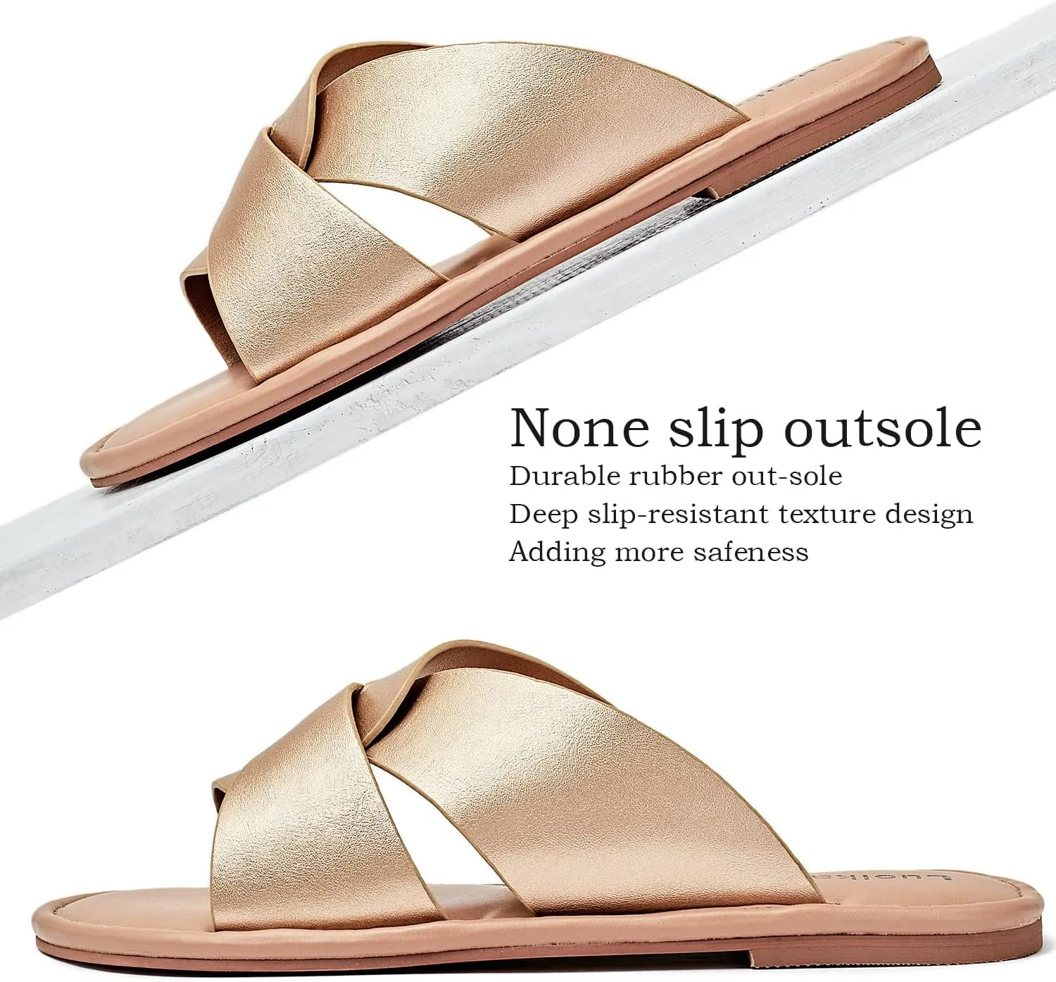 Luoika Women's Wide Width Flat Slides Sandals, Strapy Slide Sandal Slip on Dressy Summer Shoes for Women.
