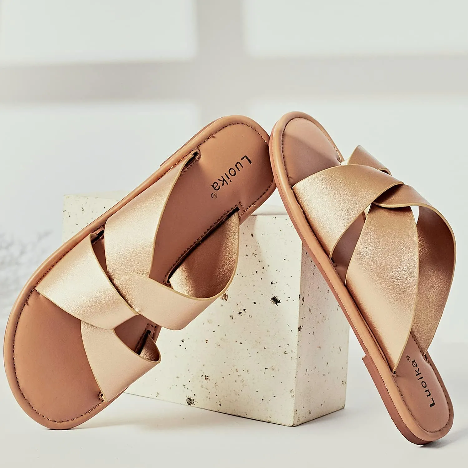 Luoika Women's Wide Width Flat Slides Sandals, Strapy Slide Sandal Slip on Dressy Summer Shoes for Women.