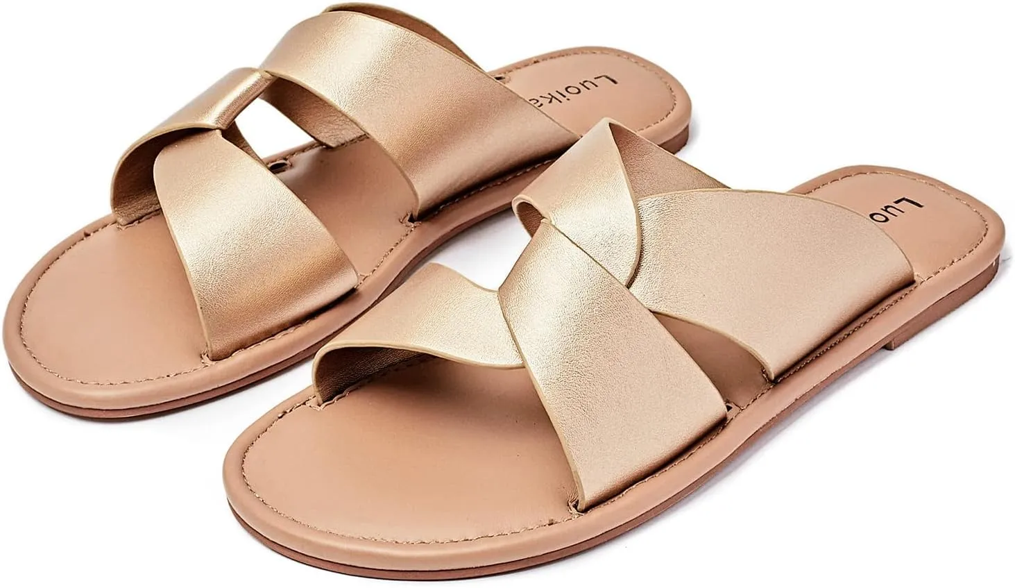 Luoika Women's Wide Width Flat Slides Sandals, Strapy Slide Sandal Slip on Dressy Summer Shoes for Women.