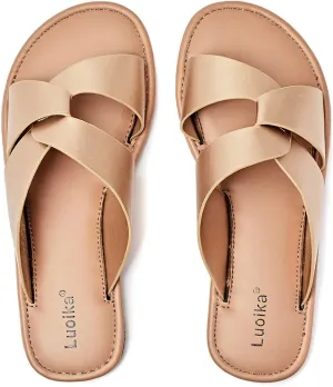 Luoika Women's Wide Width Flat Slides Sandals, Strapy Slide Sandal Slip on Dressy Summer Shoes for Women.