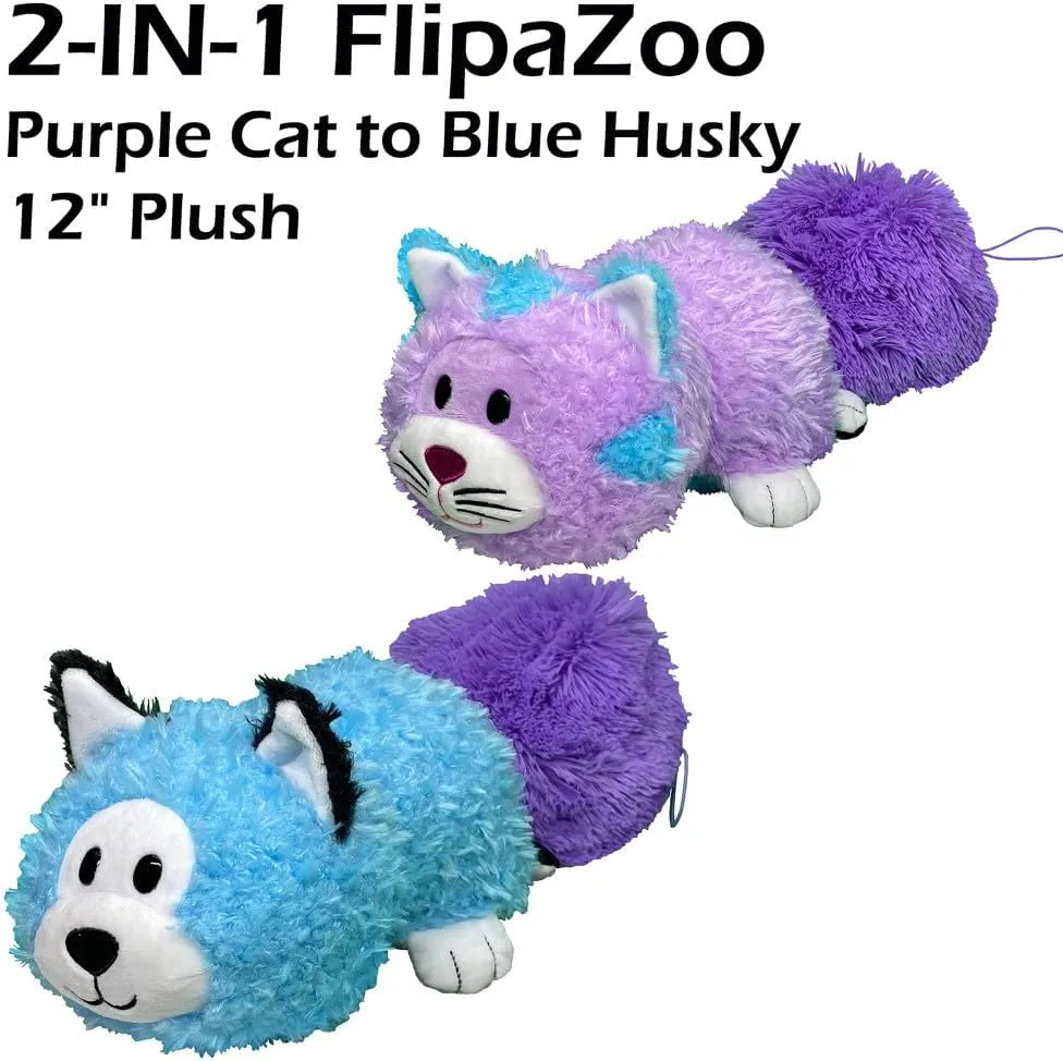 Magic Tails - Purple Cat to Blue Husky - 2-in-1 Animal Plush w/Bonus 3" Baby Org, Stores Items Inside, Flips to Reveal 2nd Character, Kids